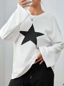 SHEIN EZwear Women's Star Print Drop Shoulder T-shirt - White - View 1