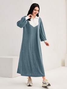 Mulvari 女款拼色領羅紋連身裙 - 藍白色 - 查看 3