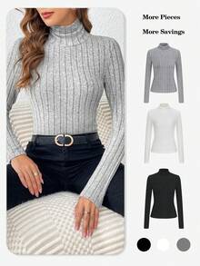 SHEIN Essnce 3pcs High Neck Solid Color Waffle Knit Long Sleeve T-shirt - Multicolor - View 5