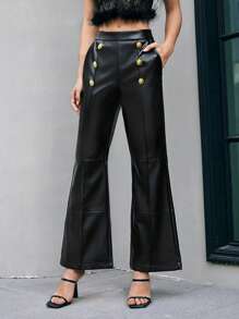 Anewsta Women's Double-Breasted Button Decorated Pu Leather Flared Pants - Black - View 3
