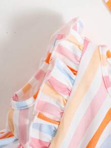 SHEIN Baby Girls' Striped Ruffled Sleeveless Romper And Hat, 2pcs/Set