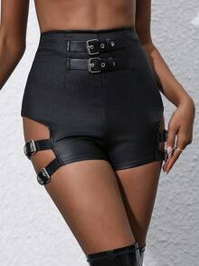 Allurite Ladies' Metal Buckle Hollow Out Shorts - Black - View 3