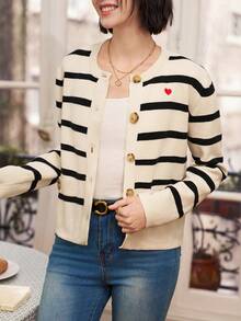 SHEIN Frenchy 心形刺繡條紋開襟衫 - 彩色 - 查看 3