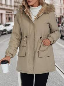 SHEIN Frenchy Women's Hooded Padded Coat With Drawstring Waist And Collar - Apricot - View 3