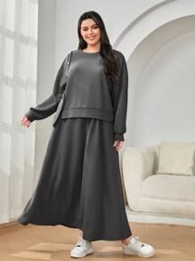 Mulvari Plus Size Women's Side Button Sweatshirt And Skirt Set - Dark Grey - View 4