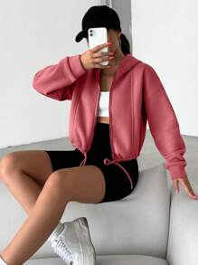 SHEIN Cottnline Women's Hoodie With Drop Shoulder, Drawstring Hem, Front Zipper Closure - Pink - View 4