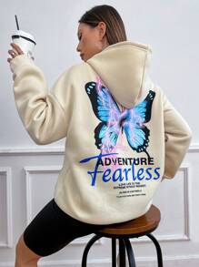 SHEIN Unity 女用蝴蝶與標語印花抽繩連帽運動衫 - 杏色 - 查看 1