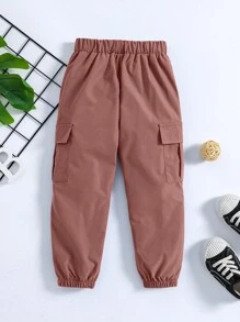 SHEIN Boys' Solid Color Multi-Pocket Cargo Pants (Little Kids) - Orange - View 2