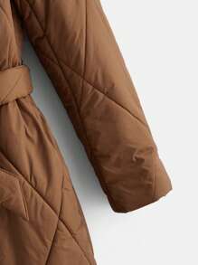 SHEIN Maternity Diamond Quilted Stitching Long Coat, For Winter - Rust Brown - View 8