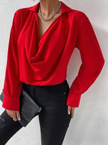 SHEIN Privé 純色披肩領衫 - 紅色 - 查看 6