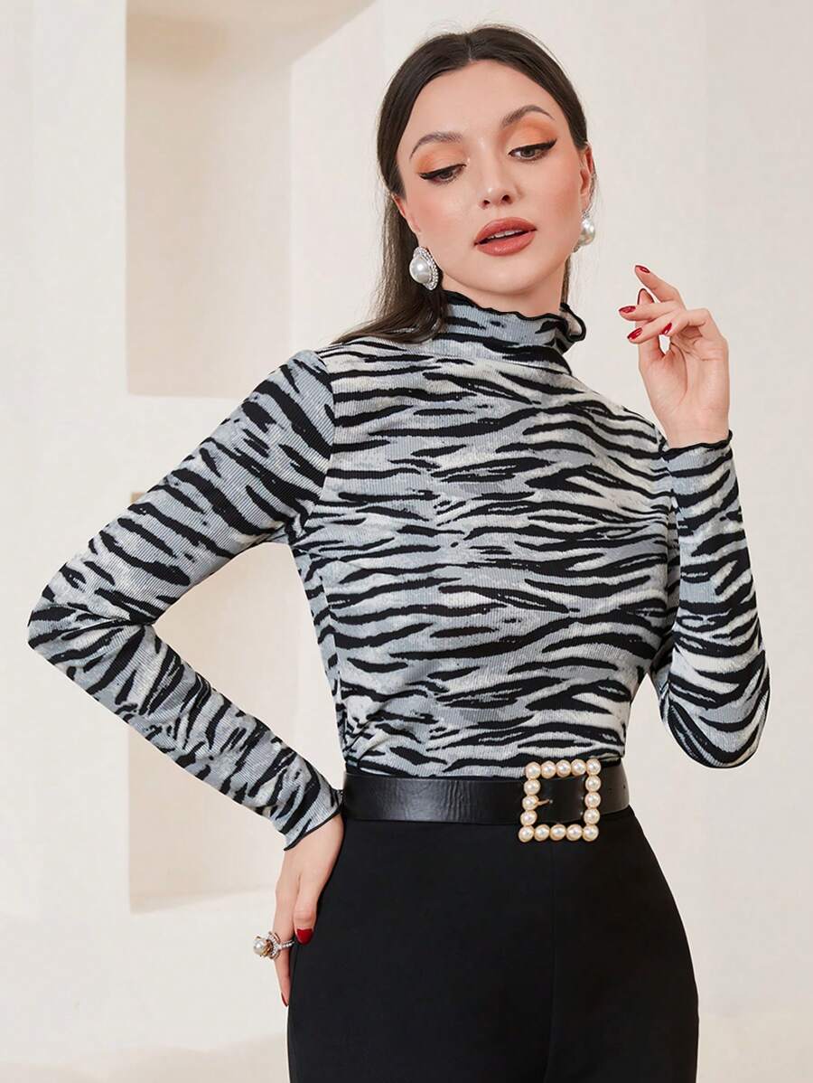 Modelyn 斑馬紋高領長袖t恤 - 彩色 - 查看 1