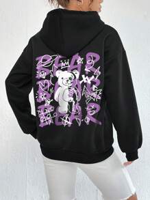 SHEIN EZwear 卡通和字母圖案袋鼠口袋抽繩加絨內裏連帽衫 - 黑色 - 查看 1