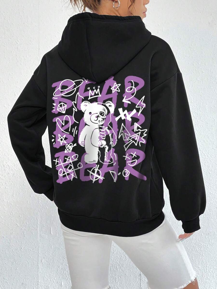 SHEIN EZwear 卡通和字母圖案袋鼠口袋抽繩加絨內裏連帽衫 - 黑色 - 查看 1