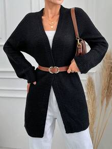 Solid Color Drop Shoulder Cardigan - Black - View 5