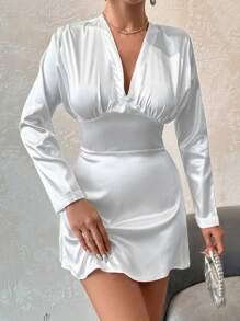EURMUSE Plunging Neck Ruched Bust Satin Dress - White - View 1