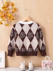 SHEIN Girls' Diamond Pattern Color Block Sweater