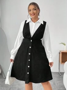 SHEIN Essnce 女款大尺碼純色休閒襯衫紐帶細部吊帶裙兩件套 - 黑與白 - 查看 6