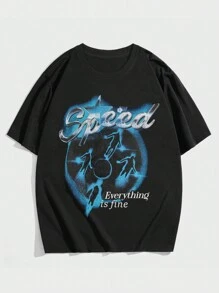 ROMWE MEN Goth 男士口號和角色圖案寬鬆t恤 - 黑色 - 查看 1