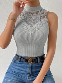 SHEIN Frenchy 女用蕾絲拼接立領針織上衣 - 灰色 - 查看 5
