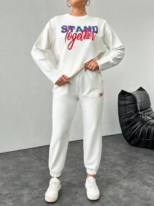 RueChic Bộ 2 chiếc/Bộ áo thun dài tay in chữ cỡ lớn cho nữ kèm quần ống đứng ống đứng cạp rút dây - trắng - Xem 1