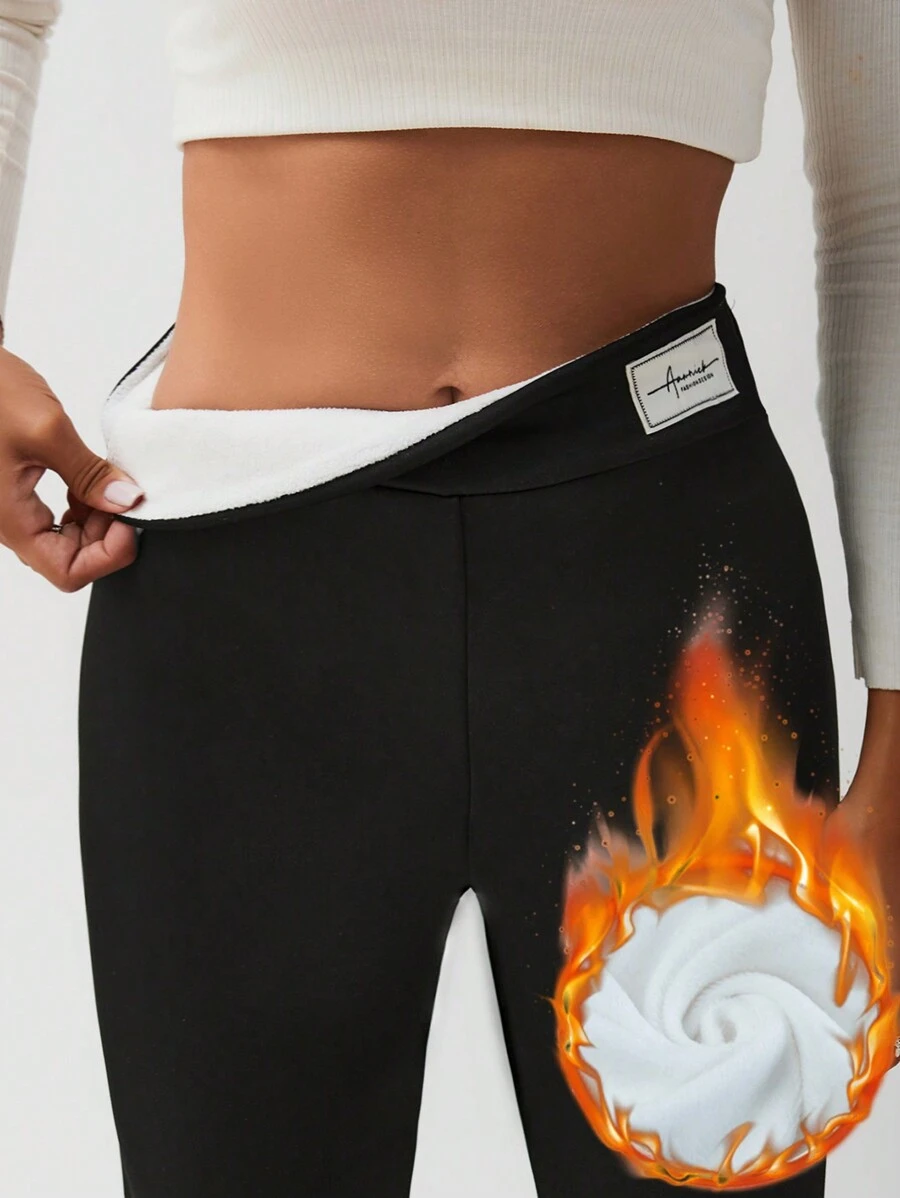Chiquease Women's Letter Printed Patch Thermal Lined Leggings - Black - View 1
