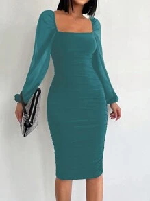 EURMUSE Square Neck Lantern Sleeve Ruched Bodycon Dress - Dark Green - View 2