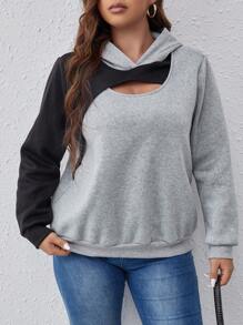 Calvaya Bluza z kapturem damska Plus Size Color Block, swobodna bluza z długim rękawem, jesień i zima