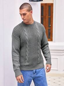 Manfinity Homme Men's Cable Knit Drop Shoulder Sweater - Light Grey - View 5