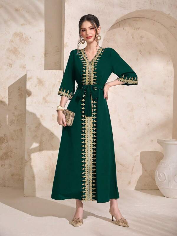 Al Najma Abito a portafoglio da donna con scollo a V, cintura intrecciata, abito modesto tipo kaftan
