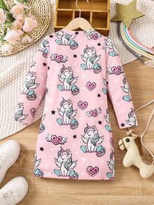 SHEIN 小女孩卡通獨角獸印花連衣裙 - 彩色 - 查看 2