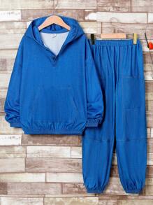 Chico preadolescente Conjunto pantalones con capucha de hombros caídos - Azul - Ver 6