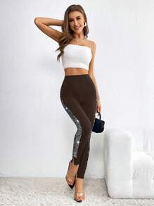 SHEIN Privé 女式拼接閃爍亮片小腿褲 - 棕色 - 查看 6