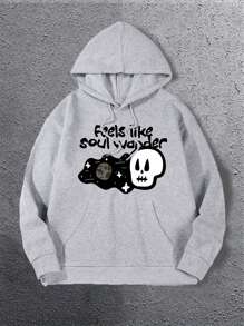 男士标语和骷髅印花连帽衫，带保暖内衬 - 灰色 - 查看 1