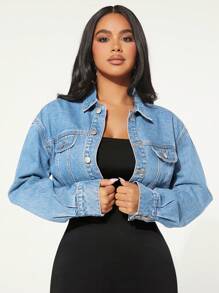 SHEIN SXY Chaqueta De Mezclilla Para Mujer Con Botones Frontales Y Bolsillos Con Solapa - Lavado ligero - Ver 2