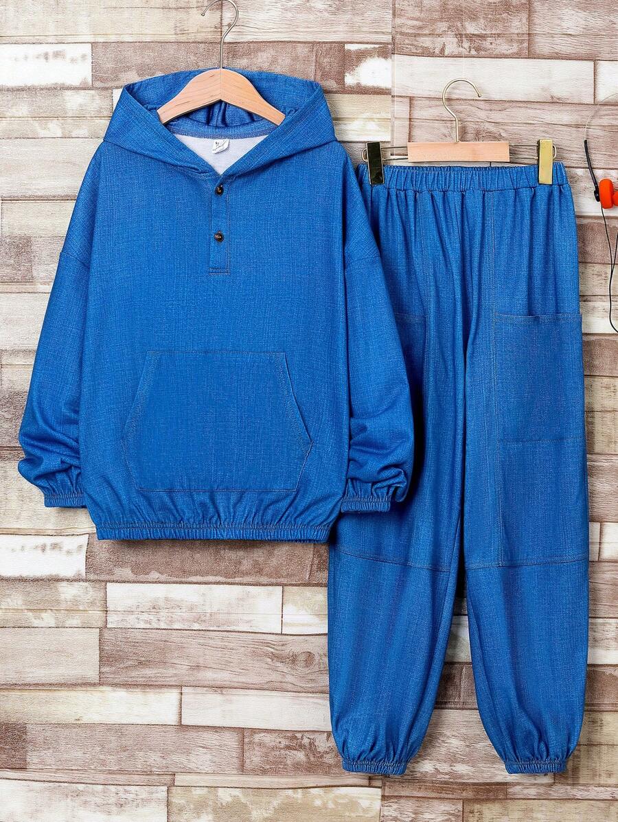 Chico preadolescente Conjunto pantalones con capucha de hombros caídos - Azul - Ver 1