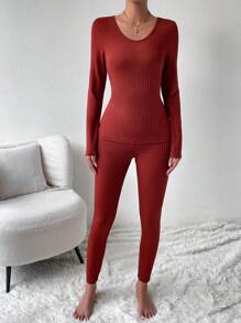 SHEIN LUNE Conjunto De Dos Piezas Para Mujeres De Top Y Leggings Acanalados De Color Sólido - Rojo - Ver 5