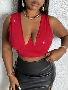 Slaydiva 大碼交叉圍裹前短款金屬亮絲掛脖上衣 - 紅色 - 查看 4