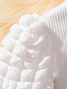 SHEIN Young Girl Ribbed Collar T-Shirt & Houndstooth Pattern Skirt Set With Embroidery And Jacquard Design - Black and White - View 5