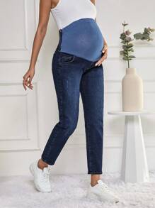 SHEIN Cottnline Maternity Adjustable Wideband Waist Cropped Jeans - Medium Wash - View 1