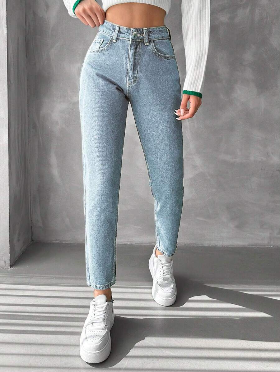 EURMUSE Hög Midja Avsmalnande Fit Jeans - Ljustvätt - Visa 1