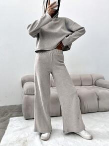 SHEIN PETITE Cotton Drop Shoulder Drawstring Hoodie & Pants - Light Grey - View 5