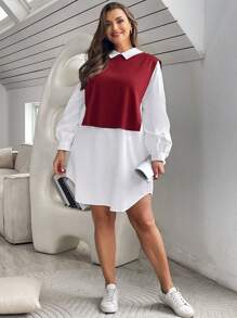 SHEIN Essnce 女裝加大號拼接色塊立領裙 - 紅白色 - 查看 5