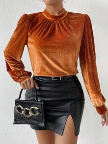 SHEIN Privé 女用天鵝絨立領燈籠袖襯衫 - 咖啡棕 - 查看 4
