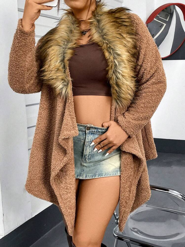 Women's Plus Size Patchwork Plush Collar Front Open Coat