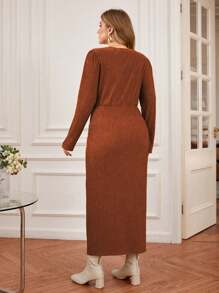 SHEIN Clasi Plus Size Twist Knot And Slit Dress - Orange - View 2