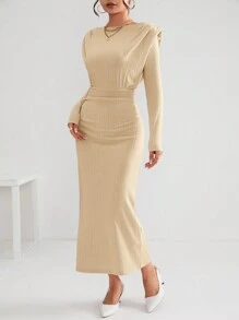 SHEIN Privé Women's Plain Pleated Padded Shoulder Dress - Apricot - View 4