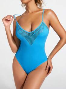 女士純色鑽石空心細節緊身衣性感女士內衣 - 藍色 - 查看 6