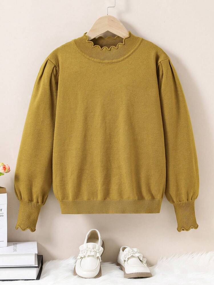 Tween Girls' High Neck Lantern Sleeve Sweater With Ruffle Detailing