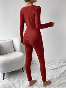 SHEIN LUNE Conjunto De Dos Piezas Para Mujeres De Top Y Leggings Acanalados De Color Sólido - Rojo - Ver 2