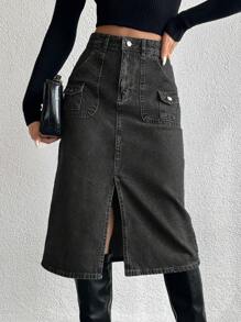 EURMUSE Jeans Straight Skirt With Slanted Pocket And Split Hem - Dark Grey - View 1
